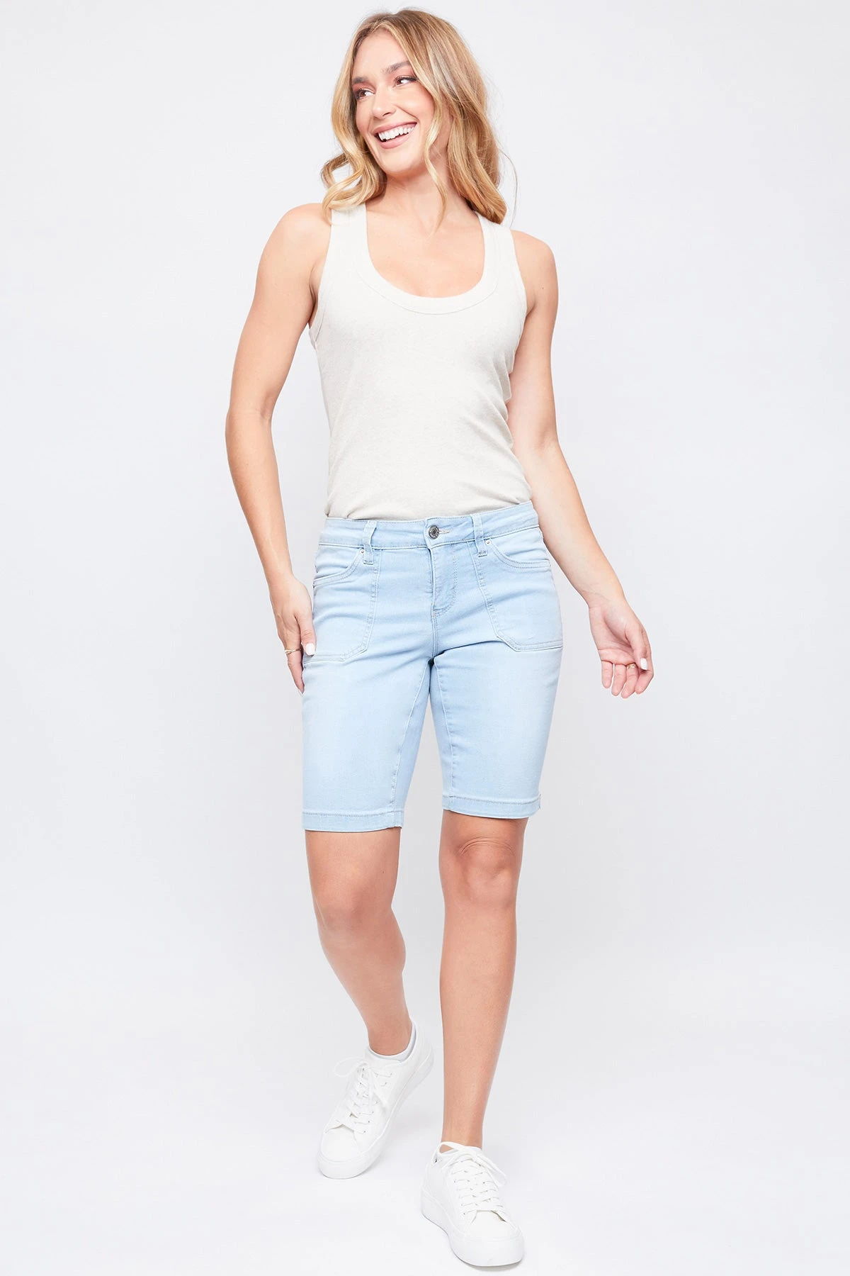 Women's Mid Rise Porkchop Pocket Bermuda Side Slit Hem 3 Women's Mid Rise Porkchop Pocket Bermuda Side Slit Hem