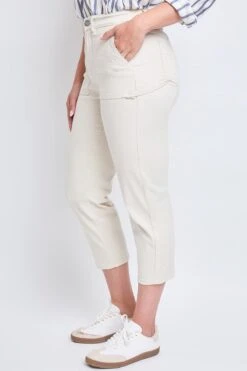 Women's High Rise Cropped Elastic Waistband Tummy Control Pant -Wana Fashion Shop WP008721 ECRU 7