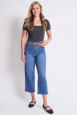 Women's High Rise Crop Belted Wide Leg Jeans