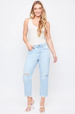 Women's Comfort Waist High Rise Straight Mom Fit Jeans With Destructed Hem -Wana Fashion Shop WP109276 1719L 1