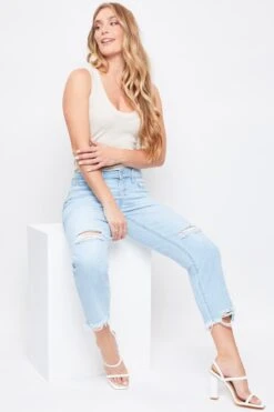 Women's Comfort Waist High Rise Straight Mom Fit Jeans With Destructed Hem -Wana Fashion Shop WP109276 1719L 5