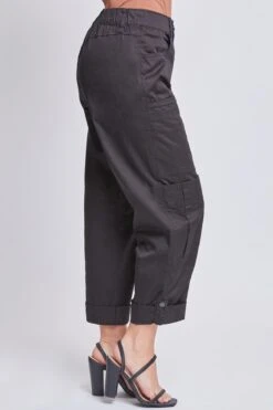 Women's Wide Cargo Pants With Roll Tab Hem -Wana Fashion Shop WP1364P1 BLACK 3