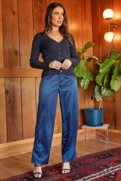 Women's Satin Comfort Stretch Office Pants -Wana Fashion Shop WP137230 NAVY LS1