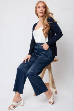 Women's Satin Comfort Stretch Office Pants -Wana Fashion Shop WP137230 NAVY WIDE PROMO
