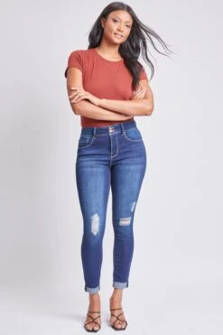 Women's Tummy Control 2 Button Rolled Cuff Jean -Wana Fashion Shop WP938141 S1863 1