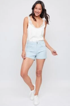 Women's High Rise Stacked Waistband Cuff Twill Shorts -Wana Fashion Shop WS221021 AQUA 1