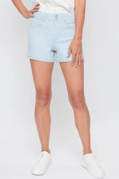 Women's High Rise Stacked Waistband Cuff Twill Shorts -Wana Fashion Shop WS221021 AQUA 3