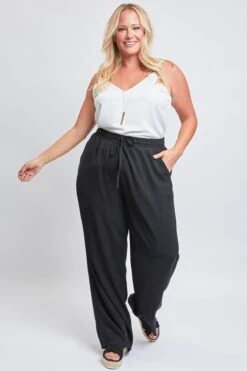 Women's Plus Size High Rise Drawstring Straight Pants -Wana Fashion Shop XP715R1 BLACK 1