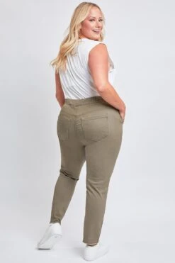 Women's Plus Size Raw Hem Pull On Pants -Wana Fashion Shop XP96621 OLIVI 6 1