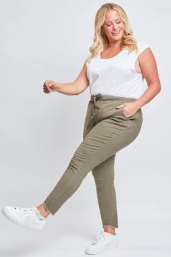 Women's Plus Size Raw Hem Pull On Pants -Wana Fashion Shop XP96621 OLIVI 7 1
