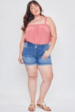 Women's Plus Essential 3-Button Fray Cuff Shorts-Distressed -Wana Fashion Shop XS271241 M2645 1