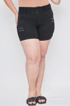 Women's Plus Essential 3-Button Fray Cuff Shorts-Distressed -Wana Fashion Shop XS271241 W2646 2